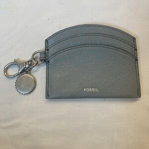 Fossil Blue Leather Card Holder Keychain ID Case Blue Gray Key Ring